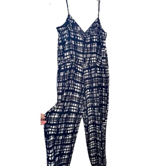 MADEWELL Navy & White Brushstroke Plaid Faux Wrap Cami Jumpsuit Size M - Picture 4 of 12